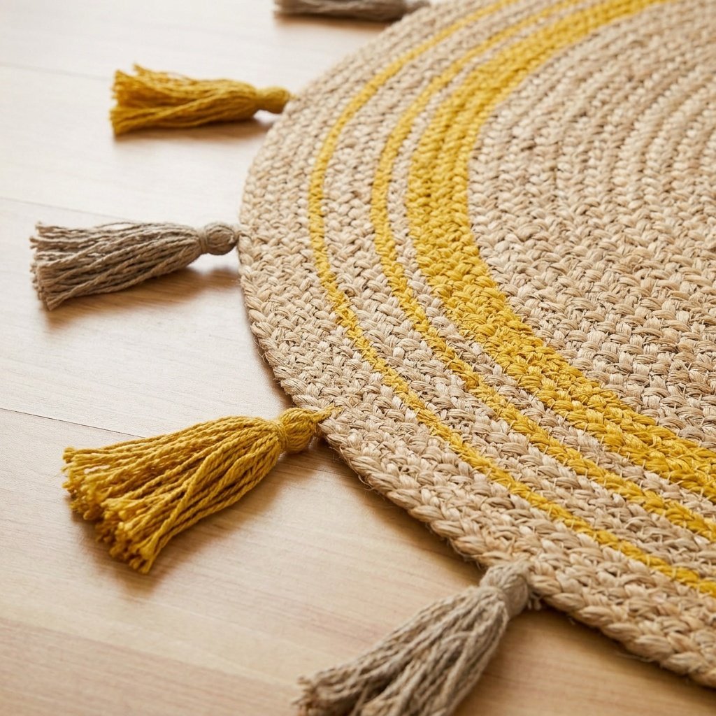 Yellow trim braided round jute rug with tassels Yellow trim braided round jute rug with tassels
