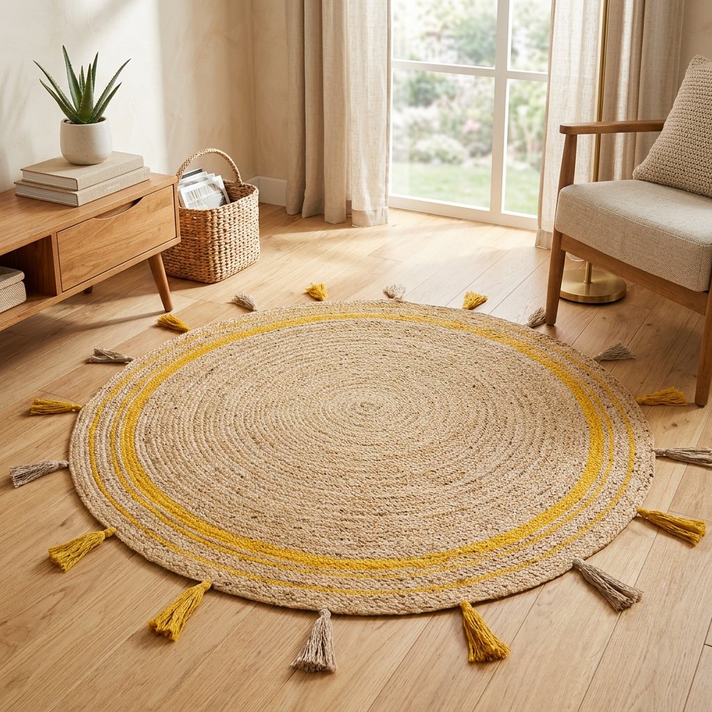 Yellow trim braided round jute rug with tassels Yellow trim braided round jute rug with tassels