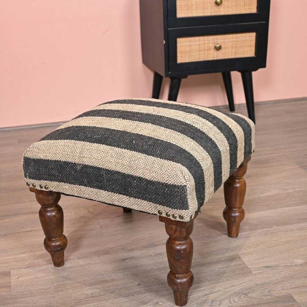 What Is A Jute Ottoman? Black striped jute footsool ottoman