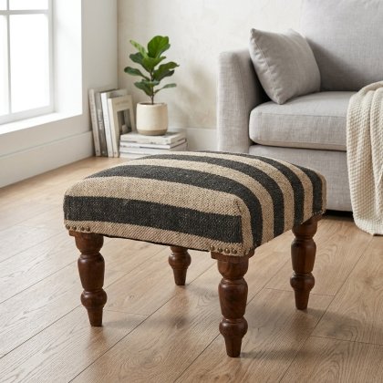 Black striped jute footsool ottoman