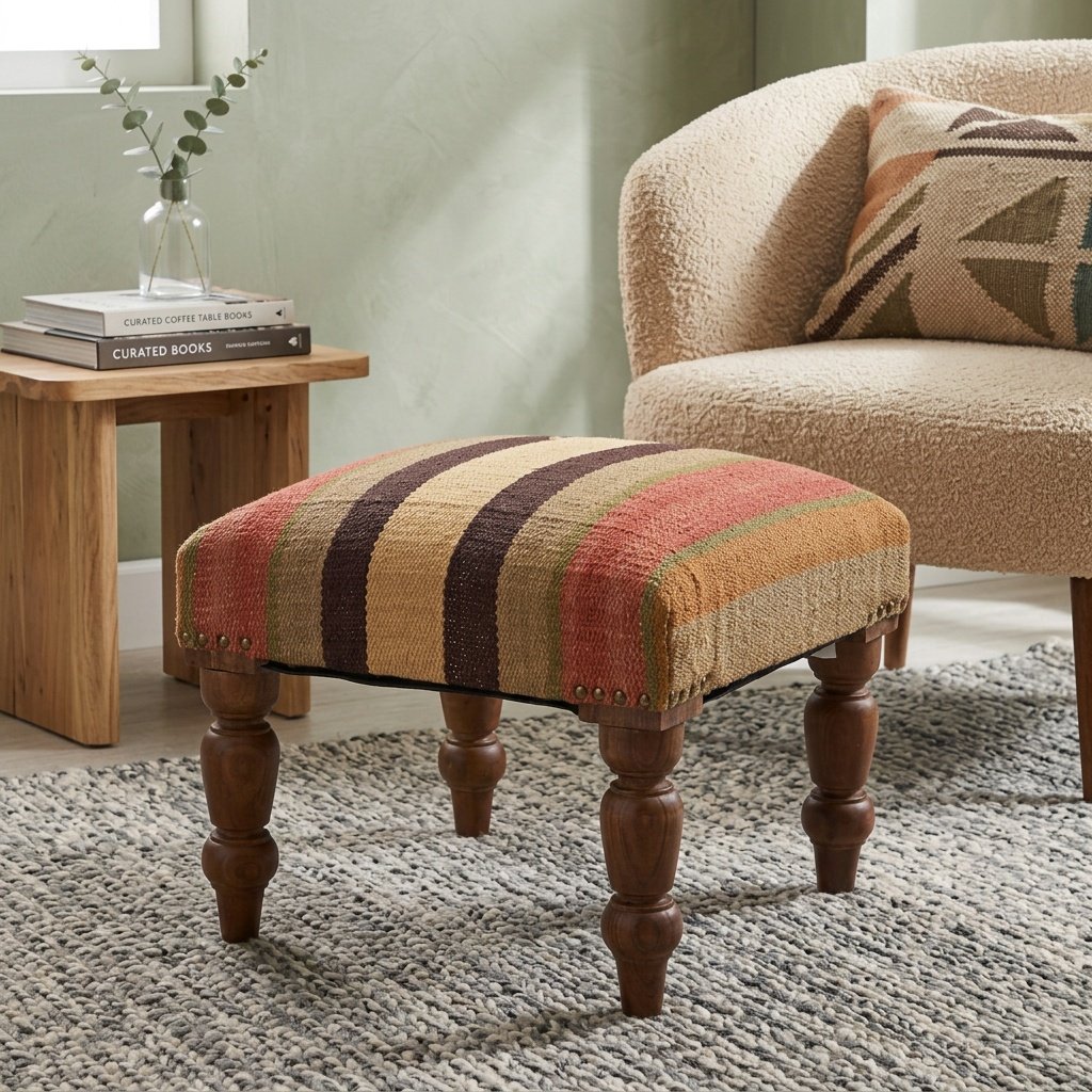 Coloured diamond wool and jute ottoman Coloured diamond wool and jute ottoman