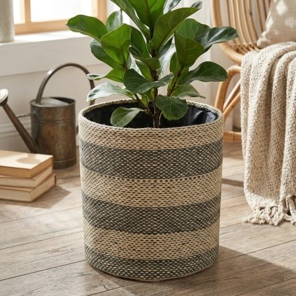 Green stripe jute round basket