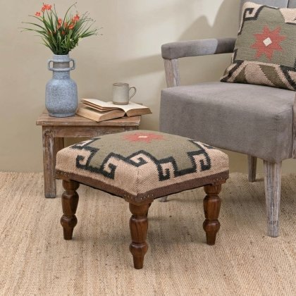 Ivory ornate jute ottoman stool