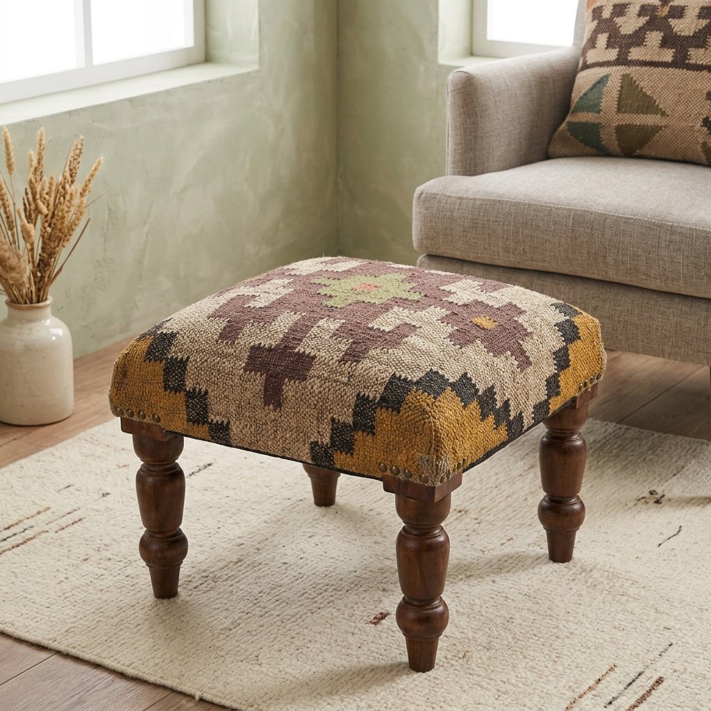 Ivory square ornate jute footstool ottoman Ivory square ornate jute footstool ottoman