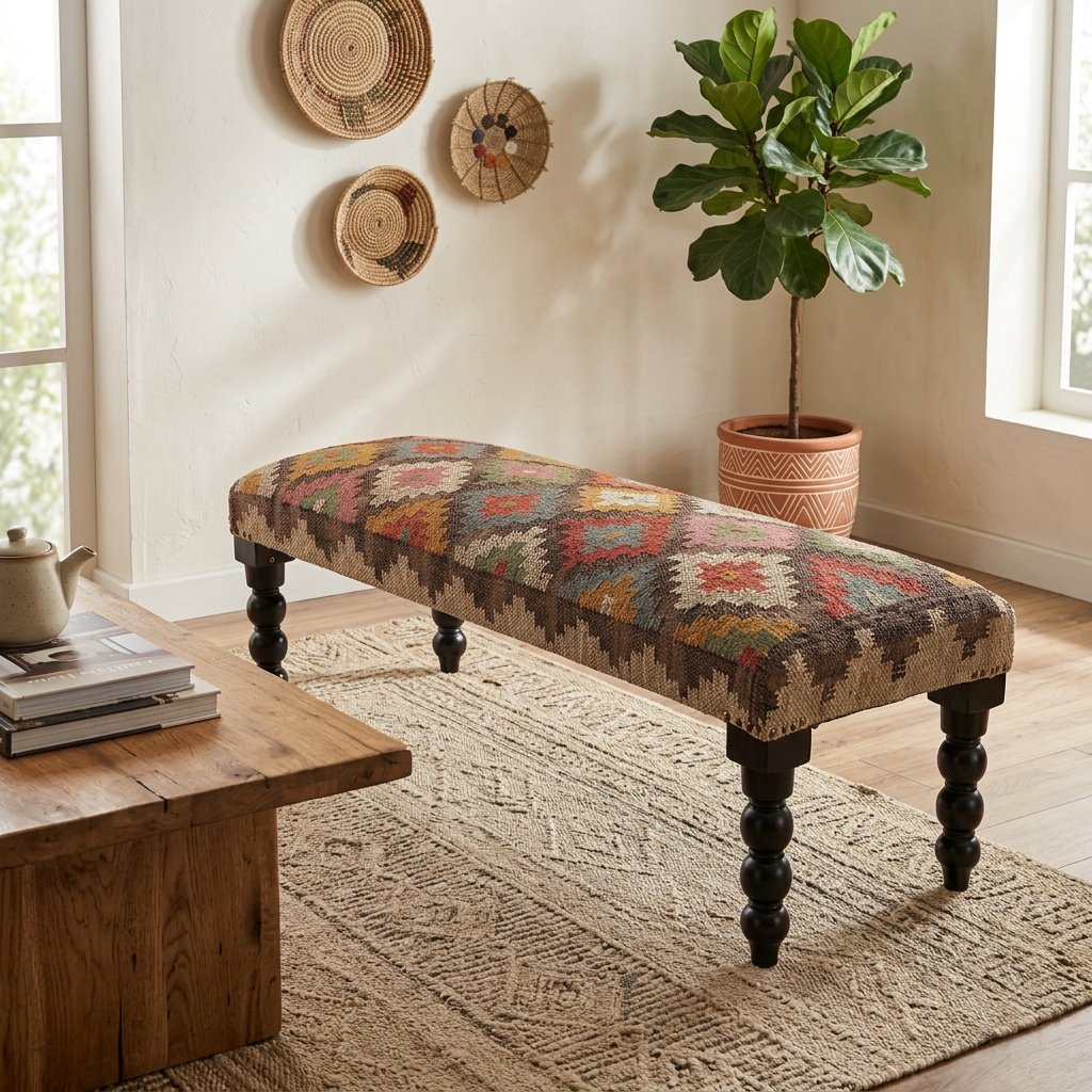 Multicolor diamond wool and jute ottoman bench Multicolor diamond wool and jute ottoman bench