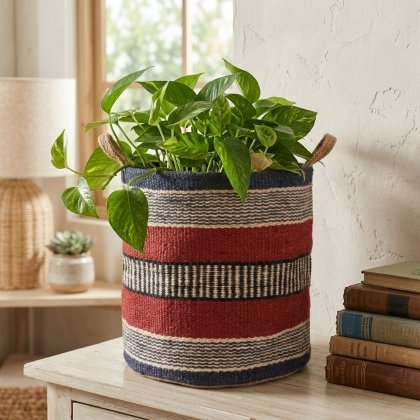 Rust and navy jute basket for plant