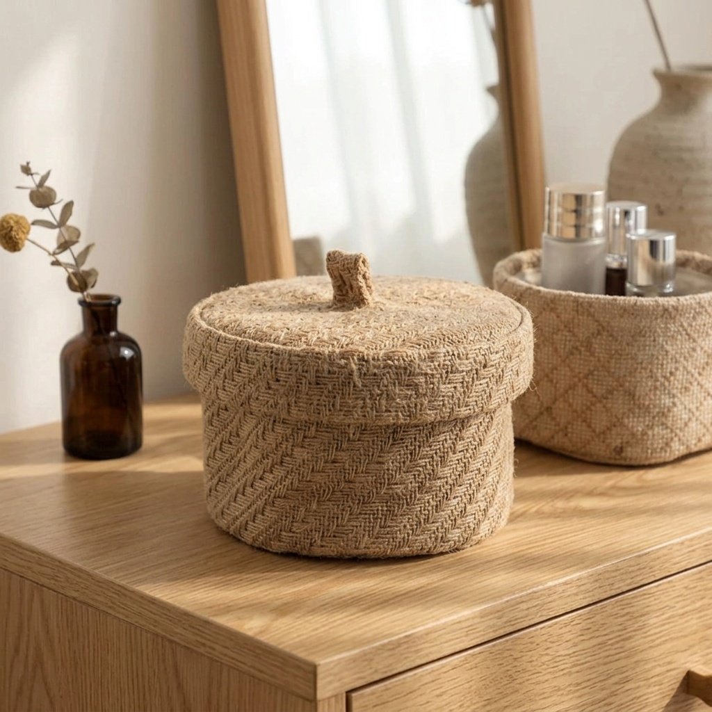 Woven jute round basket with lid Woven jute round basket with lid