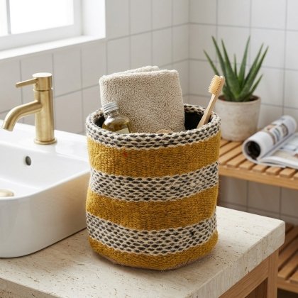 Yellow stripe jute basket for bathroom
